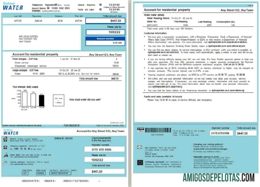 para download Conta de serviços públicos de água na Austrália Sydney, modelo Word e PDF, 2 páginas